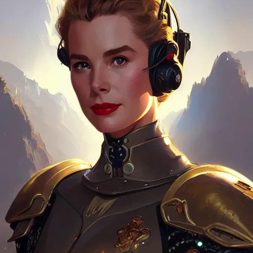 Image similar to Grace Kelly in a Power Armor, western, D&D, fantasy, intricate, elegant, highly detailed, digital painting, artstation, concept art, matte, sharp focus, illustration, art by Artgerm and Greg Rutkowski and Alphonse Mucha