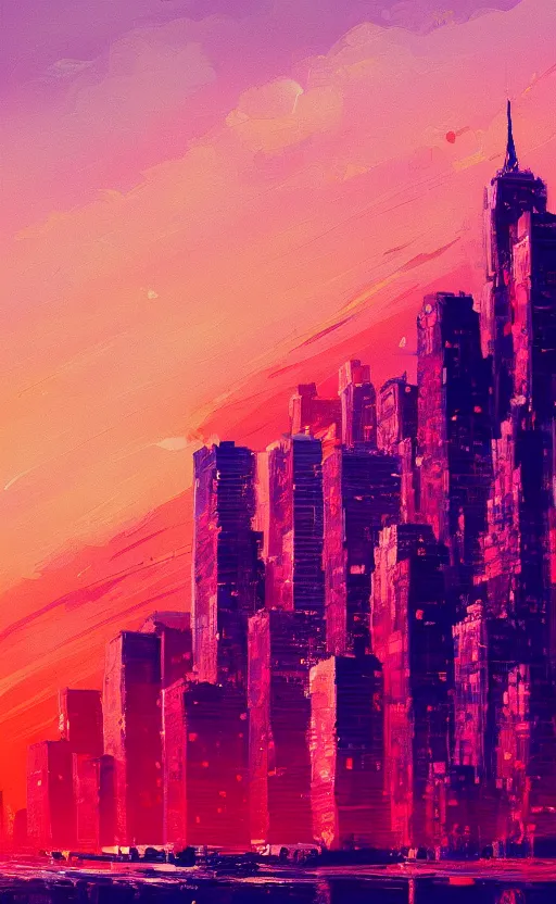 Image similar to a beautiful illustration new york at sunset, art of alena aenami, featured on artstation, vertical orientation, paint brush strokes, expressionism, brushstroke - laden, crimson hue