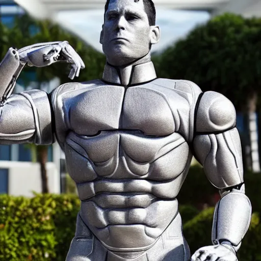 Image similar to a realistic detailed photo of a guy who is an attractive humanoid who is half robot and half humanoid, who is a male android, wrestler zack ryder, shiny skin, posing like a statue, blank stare, by the pool, on display, showing off his muscles, humanoid robot, frozen ice statue