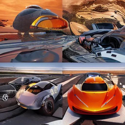 Image similar to cars close to each other race: center composition, cars portraits, ground view, motherboard forms designed by zaha hadid, sci-fi futuristic ultra realistic photography, keyshot render, octane render, unreal engine 5 lumen, high oiled liquid glossy specularity reflections, ultra detailed, golden hour, dramatic lighting 4k, 8k, 16k in the style ofblade runner 2049 Cyberpunk 2077 ghost in the shell thor 2 marvel film : tilt shift: sharp focus