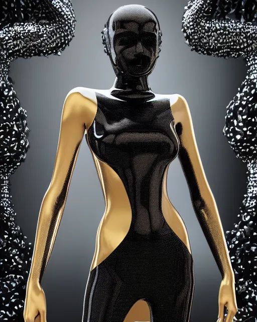 Image similar to a highly detailed metahuman 4 k close up render of a bella hadid as a black latex outfit monument renaissance in iris van herpen dress schiaparelli in diamonds crystals swarovski and jewelry iridescent in style of alphonse mucha gustav klimt trending on artstation made in unreal engine 4