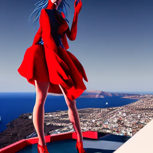 Prompt: cyberpunk girl wearing a red and blue swirling dress, standing on a Santorini terrace looking down into the ocean, trending on artstation, cinematic, photorealistic