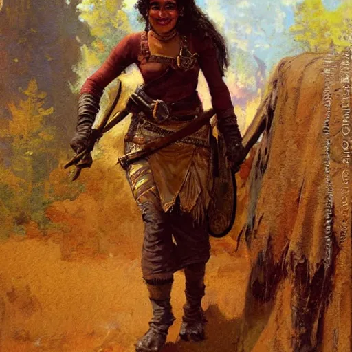 Image similar to a medieval hunter woman with indian ethnicity, cheeky smile, umber color scheme, fantasy character portrait by gaston bussiere, craig mullins