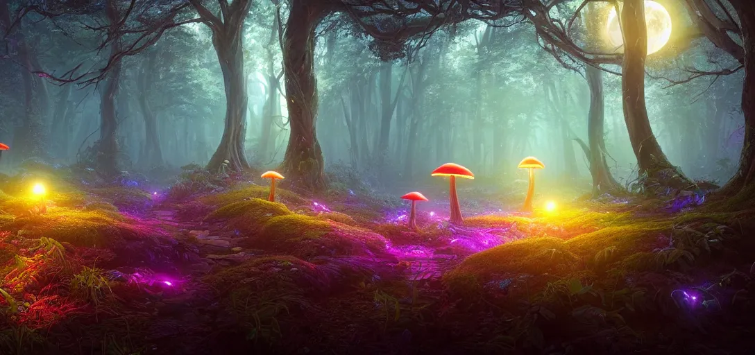 Prompt: beautiful view of a nightime mystical forest, winding branches, small neon mushrooms on the forest floor, symmetrical, unreal engine, dramatic lighting, ultra detailed, sharp, ambient occlusion, slight bloom, illumination, moon rays, raytracing, vibrant, vivid colors, picturesque, by noah bradley and jordan grimmer