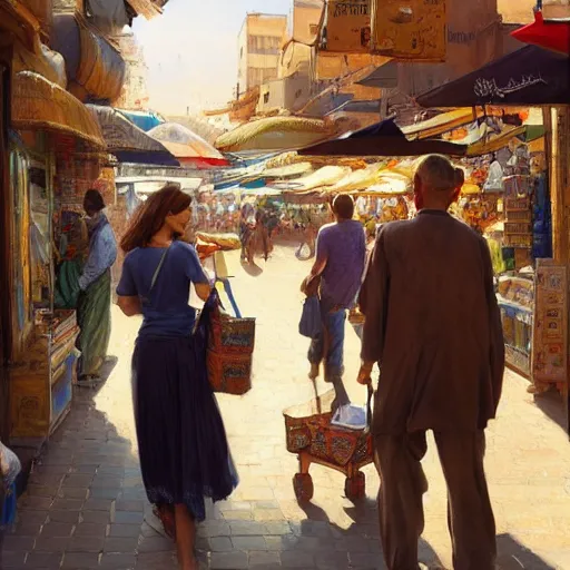 Prompt: a beautiful portrait painting of a couple shopping in a sunny market in north africa, masterpiece by famous artist nasreddine dinet and eugene de blaas and greg rutkowski and artgerm and wlop, path tracing, intricate, elegant, highly detailed, digital painting, artstation, concept art, smooth, sharp focus