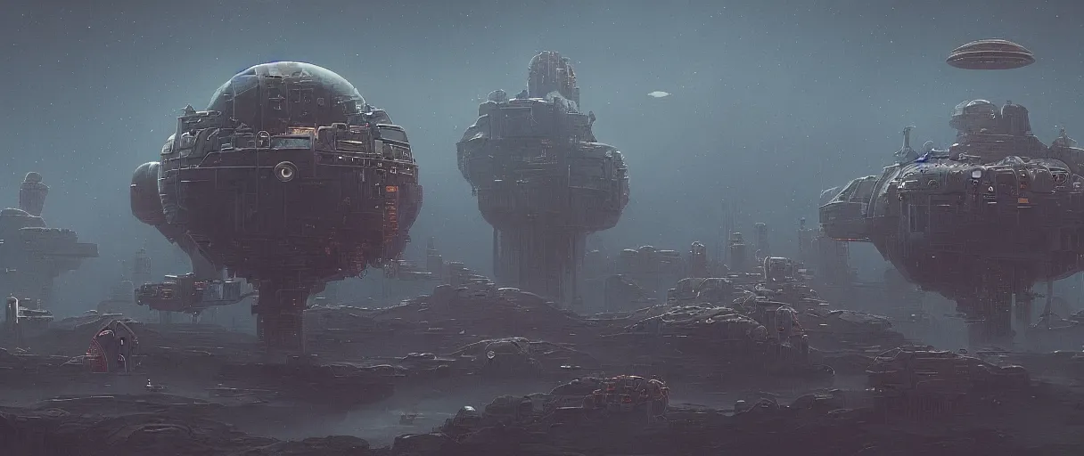 Prompt: illustration, a single scouting spaceship, deep space exploration, the expanse tv series, industrial design, space travel, intergalactic, atmospheric, cinematic lighting, 4k, greebles, widescreen, wide angle, beksinski, sharp and blocky shapes, simon stalenhag palette