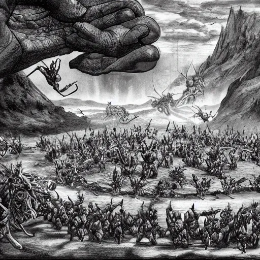 Prompt: anthromoroph ants building a ciry. epic game landscape shot. Highly detailed pen and ink. D&D art by Michelangelo