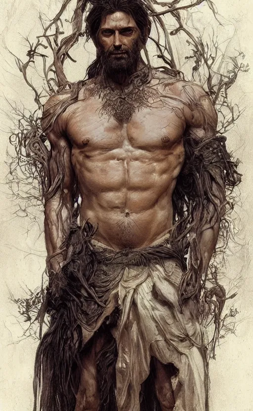 Prompt: portrait of the god of the forest, 40 years old, long hair, rugged, male, gorgeous, detailed face, amazing, exposed thighs!!!!!!, muscular, intricate, highly detailed, digital painting, artstation, concept art, sharp focus, illustration, art by greg rutkowski and alphonse mucha