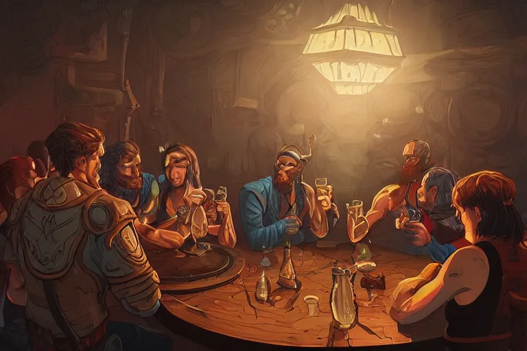 Prompt: warrior drinking at a table, irish, detailed faces, digital art, beautiful lighting, happy atmosphere, trending on artstation, by Dan Mumford, by Artgerm, matte art