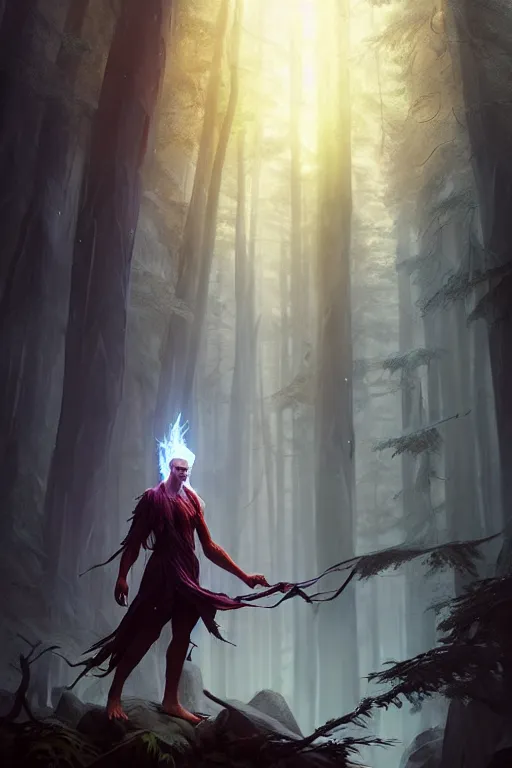 Prompt: a human elemental wizard, forest setting, colorful magic, male, epic, white skin, young, sharp, concept art, dynamic lighting, unreal engine, octane, by greg rutkowski and svetlin velinov