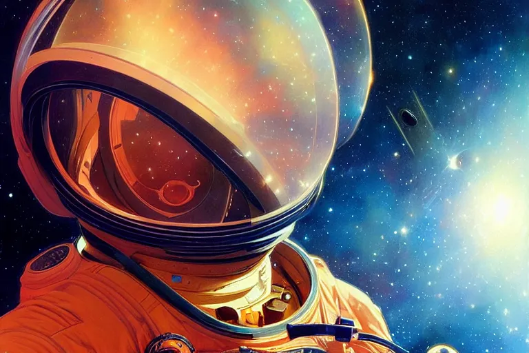 Image similar to Portrait of an astronaut reflective visor reflecting a nebula in space, portrait, elegant, intricate, digital painting, artstation, concept art, smooth, sharp focus, illustration, art by artgerm and greg rutkowski and alphonse mucha