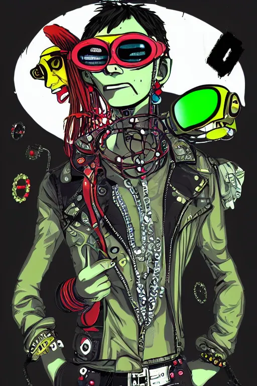 Image similar to cybergoth guy wearing goggles and eccentric jewelry by jamie hewlett, jamie hewlett art, full body character concept art,