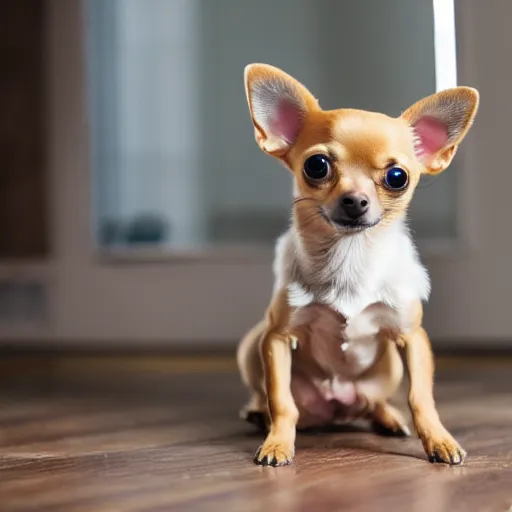 Prompt: a honey colored chihuahua puppy looking at his reflection in the mirror from the front Showing off her streetwear , Oil pain