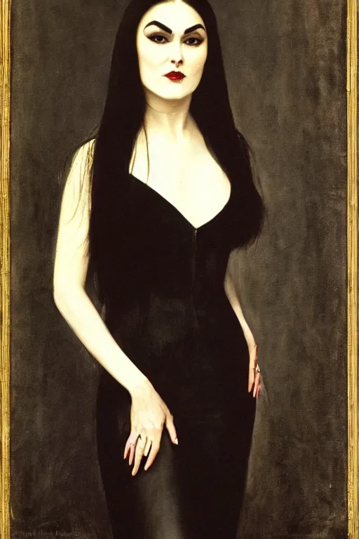 Image similar to upper body portrait sasha grey as morticia addams by alfred stevens
