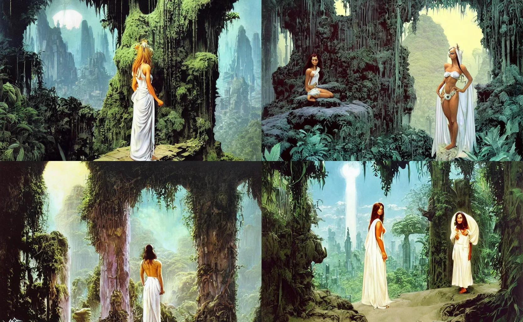 Prompt: A beautiful jungle princess wearing white robes stands in a doorway looking out over a fantastical city, by Frank Frazetta and michael whelan