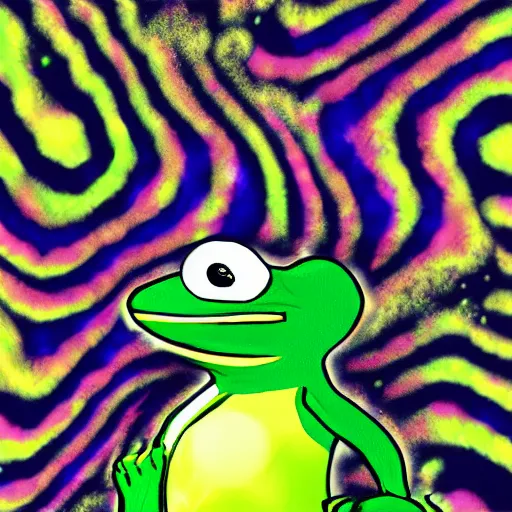 Image similar to a 3 d render of a psychedelic pepe, tripping on mushrooms, floating in space, hd, digital art