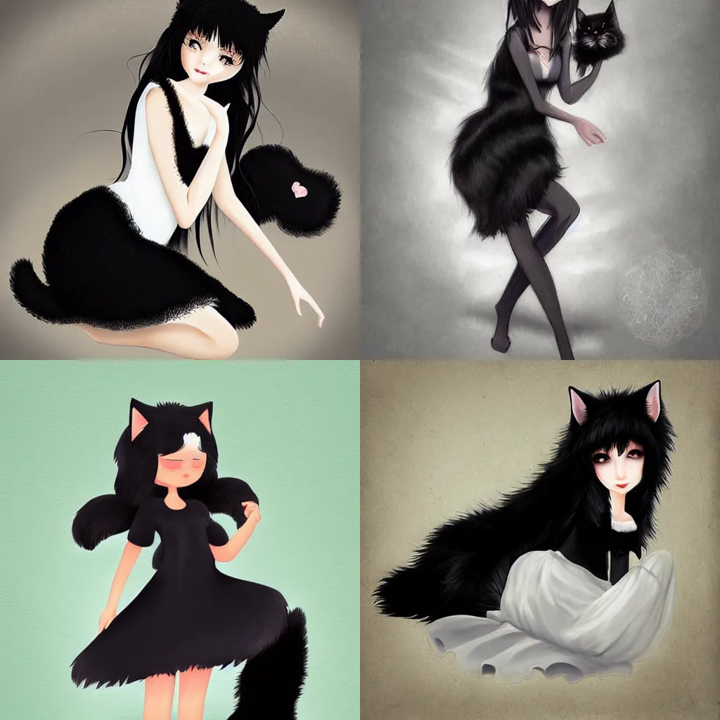 Prompt: Catgirl with dense black fur, wearing a white sundress. Digital Art, sakimichan