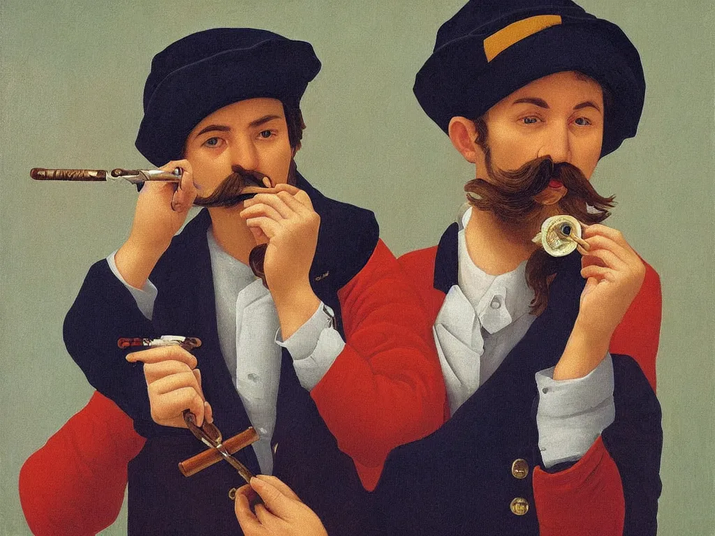 Prompt: young russian sailor with a mustache smoking a pipe, by andrey remnev