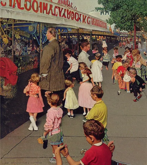 Image similar to kids wandering through a carnival, all ignoring the rides and playing on their phones instead, by Norman Rockwell 🖼-W 1024