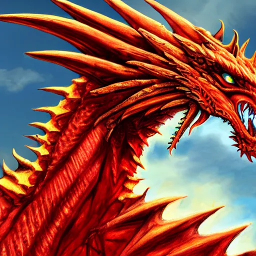 Prompt: head of red fire breathing dragon, extremely detailed, 8k, concept art, high fantasy