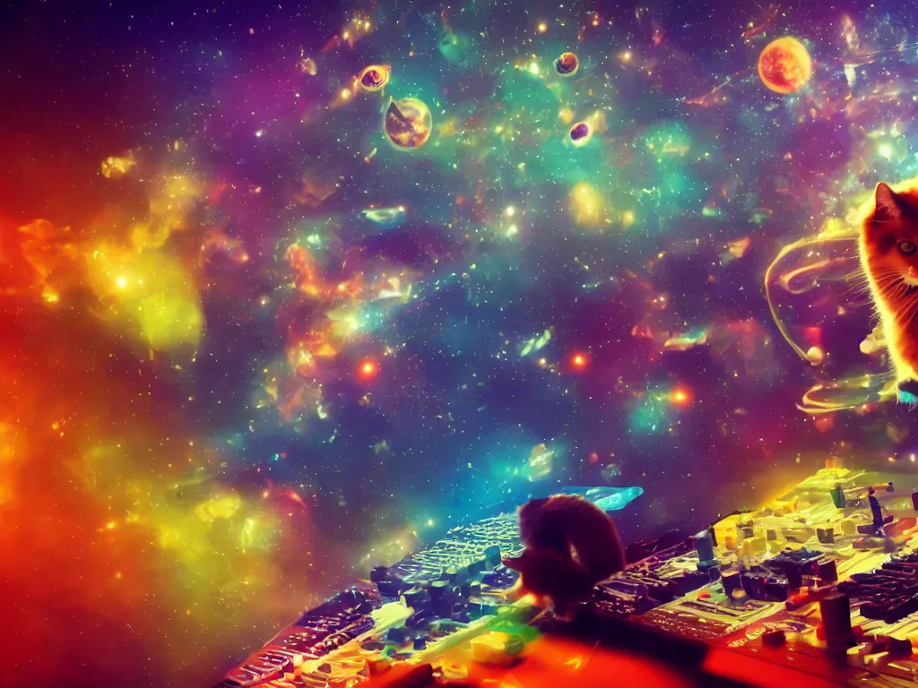 Prompt: colourful photograph of a cat playing a modular synthesizer in space, hd, hdr, cinematic, 8k, ultra detailed, high resolution, artstation