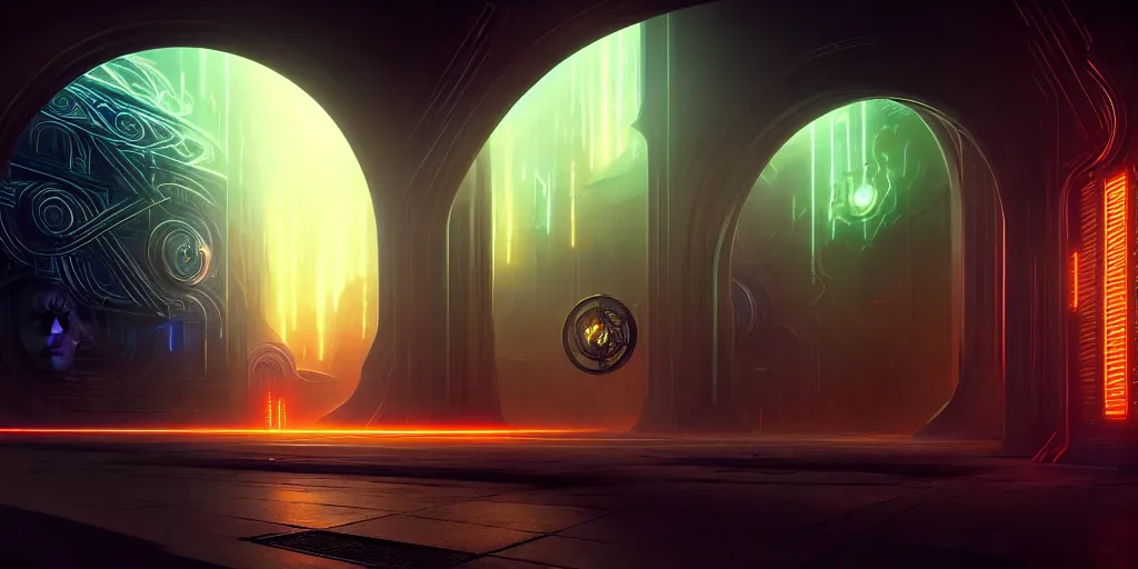 Image similar to portal to the ethereal realm, centered composition, intricate concept art, ethereal, ominous, mysterious, enchanted, magic, dramatic lighting, illuminated lines, outrun, vaporware, illuminated runes, cyberpunk darksynth, dark background, 8 k, octane render, by james paick and stephan martiniere and alphonse mucha