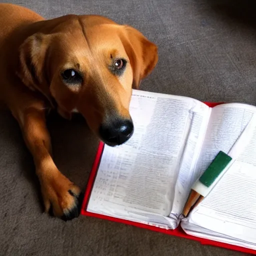 Prompt: photo of a dog eating homework