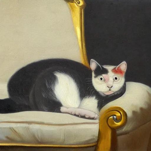 Image similar to detailed oil painting of a cat resting on a couch, 1 9 th century, by mirai mizu, by ralph bakshi, by caravaggio, by georgia o keeffe