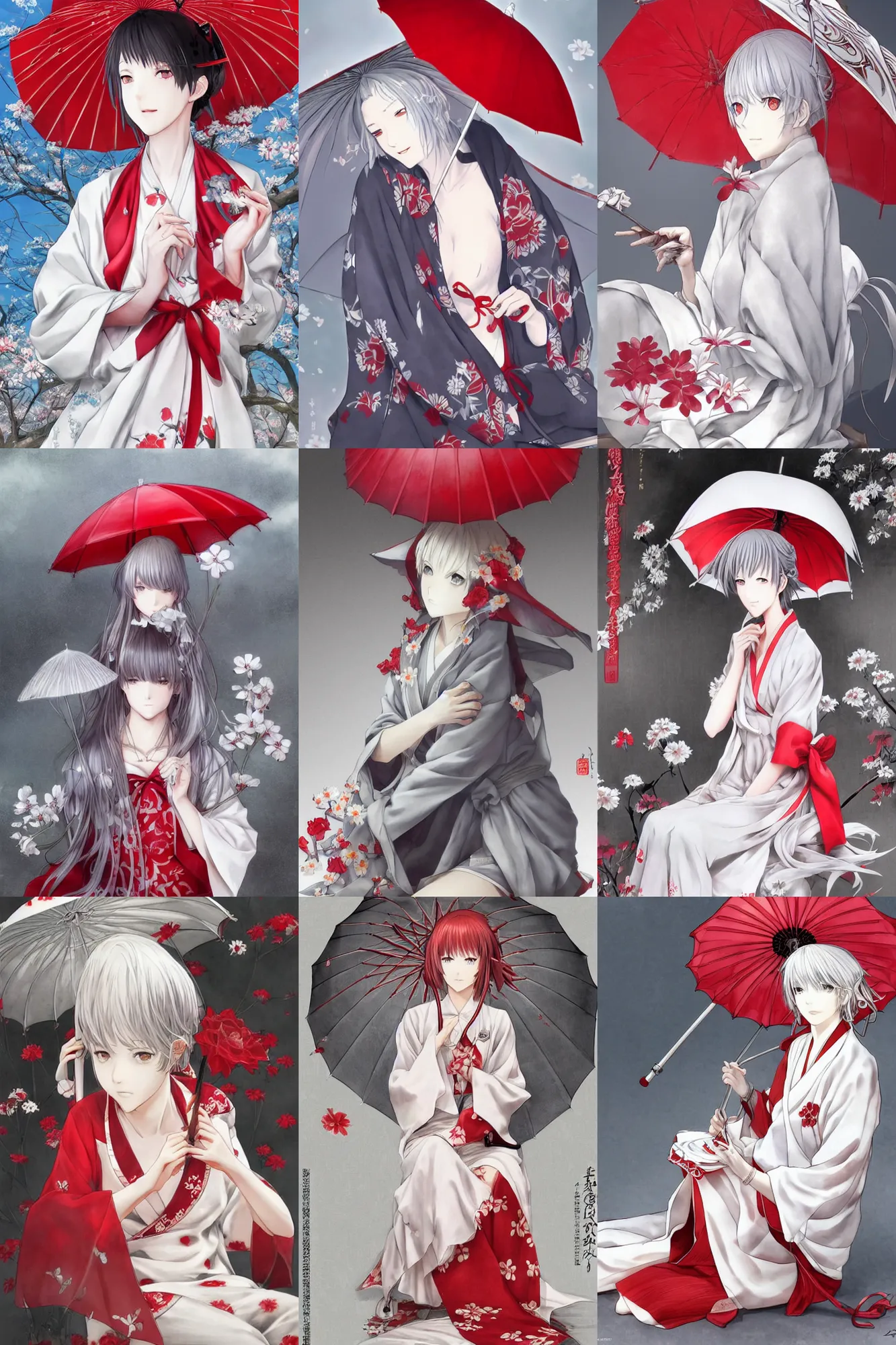 Prompt: beautiful girl, silver hair, red umbrella, white kimono with red flower patterns, sitting, detailed, looking to camera, full body shot, ilustration by Takehiko Inoue ((and Krenz Cushart))