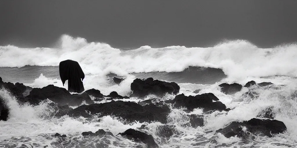 Image similar to super gloomy beach with impenetrable forest inland and violent waves off shore. The grim reaper standing next to men on pikes vlad the impaler in the front right, depressive atmosphere