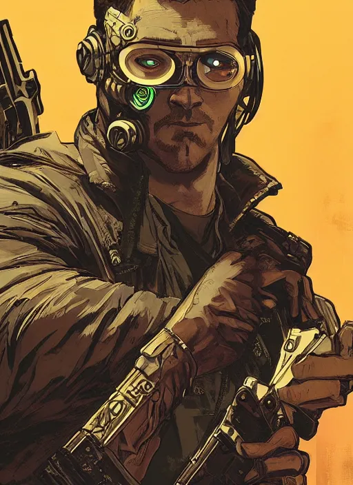 Image similar to cyberpunk pawnshop owner. portrait by ashley wood and alphonse mucha and laurie greasley and josan gonzalez and james gurney. splinter cell, apex legends, rb 6 s, hl 2, d & d, cyberpunk 2 0 7 7. realistic face. character clothing. vivid color. dystopian setting.