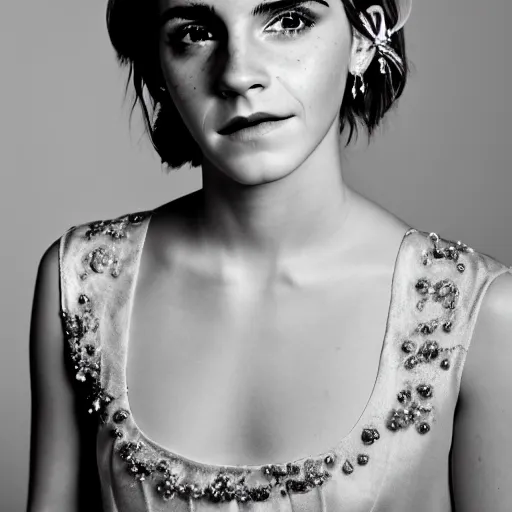 Image similar to emma watson with jewellary crown queen, sensual, beautiful soft light failling on her face, studio photography, nikon 3 5 mm portrait photography, ultra realistic