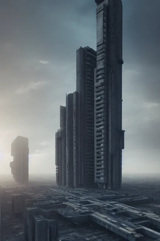 Image similar to sci - fi concrete brutalist architecture in bladerunner scene, zaha hadid, beksinski, photoreal, highly detailed, 8 k, hd, vray, artstation, trending on behance, cinematic matte painting, extreme detail photo quality, sunrays, sunset, featured on behance