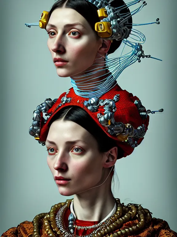 Image similar to colour caravaggio style photography of highly detailed beautiful woman with 1 0 0 0 years perfect face and wearing detailed ukrainian folk costume designed by taras shevchenko also wearing highly detailed retrofuturistic sci - fi neural interface designed by josan gonzalez. many details in style of josan gonzalez and mike winkelmann and andgreg rutkowski and alphonse muchaand