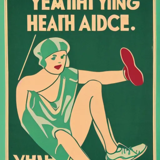 Image similar to year 1 9 2 8 health advice poster for running. mint green and gold