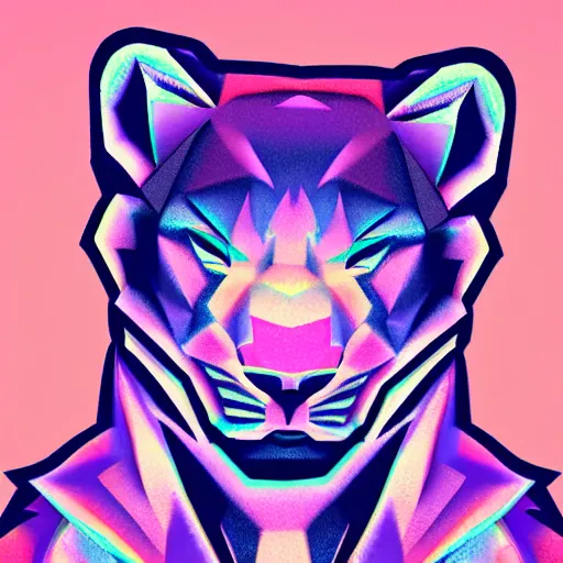 Image similar to aesthetic albino panther fursona portrait, commission of a anthropomorphic lion on fire, fursona wearing stylish clothes, winter armosphere, pastel simple art, low poly