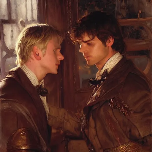 Image similar to attractive male, arthur pendragon who has blond hair confesses his love to attractive male, merlin who has dark hair. highly detailed painting by gaston bussiere, craig mullins, j. c. leyendecker 8 k