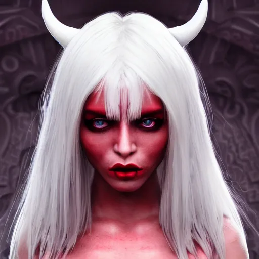 Image similar to a highly detailed portrait of a humanoid demon girl with white hair, red horns, in white clothes, artstation, deviantart, professional, unreal engine 5, photorealistic