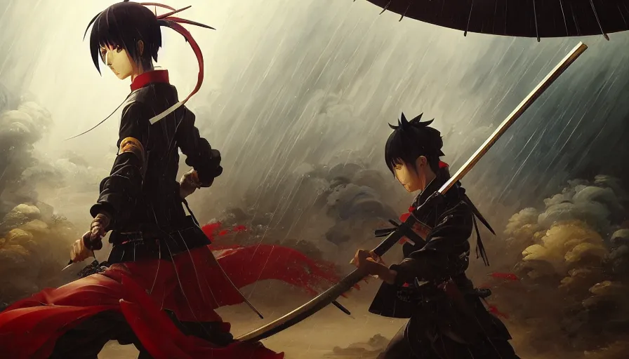 Image similar to baroque oil painting of key visual samurai war, rain, storm, fake detail, trending pixiv fanbox, acrylic palette knife, style of makoto shinkai takashi takeuchi yoshiyuki sadamoto greg rutkowski chiho aoshima, artstation