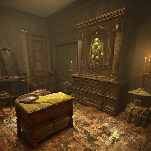 Prompt: room of a dark mansion, objects from ritual in the ground, realistic, highly detailed, unreal engine, guillermo del toro