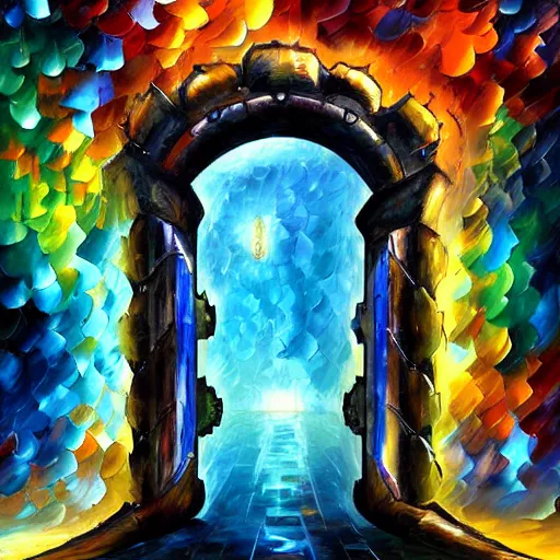 Image similar to absurd multi - dimensional portal gate cybernetic inspired by dragon skin by leonid afremov and katsuhiro