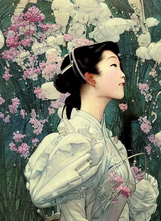 Image similar to a copic maker art nouveau portrait of a japanese girl detailed features wearing a futuristic weeding puffy dress designed by balenciaga by john berkey, norman rockwell akihiko yoshida