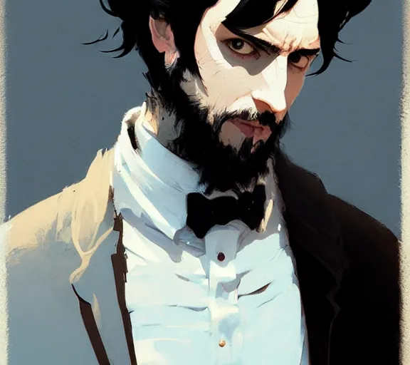 Image similar to portrait victorian man with black hair and yellow eyes, by atey ghailan, by greg rutkowski, by greg tocchini, by james gilleard, by joe fenton, by kaethe butcher, by ashley wood, dynamic lighting, gradient light blue, brown, blonde cream and white color scheme, grunge aesthetic