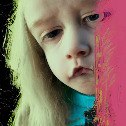 Prompt: sad kid. close up. Heavy digital glitch artefacts