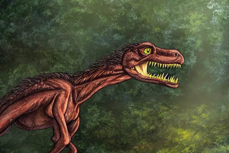 Image similar to highly detailed photograph of a oil velociraptor!!!!! in the forest, featured on pixiv