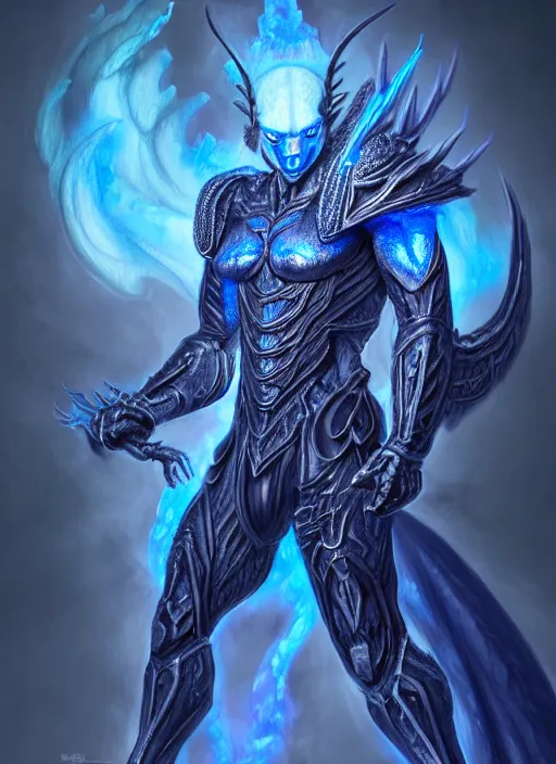 Prompt: muscular and tall blue ghostly fire humanoid dragon!!!! draconian!! intricate ornate iridescent heavy armor!! character concept art, sharp focus, octane render! unreal engine 5! highly rendered!! trending on artstation!! detailed linework!! illustration by artgerm, wlop, and chie yoshii