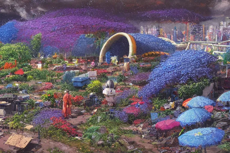 Image similar to oil painting, super - detailed scene electronics waste dump, cyberpunk garden, agbogbloshie, indigo blooming flowers garden, japanese sci - fi books art, artwork by jean giraud, hd, 4 k, high quality