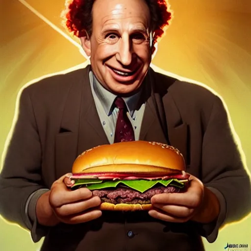 Prompt: portrait of Mel Brooks eating hamburgers, extra onions and ketchup, luscious patty with sesame seeds, ethereal, holy sacred light rays, handsome, D&D, fantasy, intricate, elegant, highly detailed, digital painting, artstation, concept art, matte, sharp focus, illustration, art by Artgerm and Greg Rutkowski and Alphonse Mucha