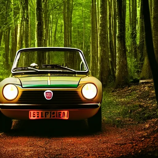 Image similar to fiat 1 2 4 in the dark forest, night, headlights are on, professional photography