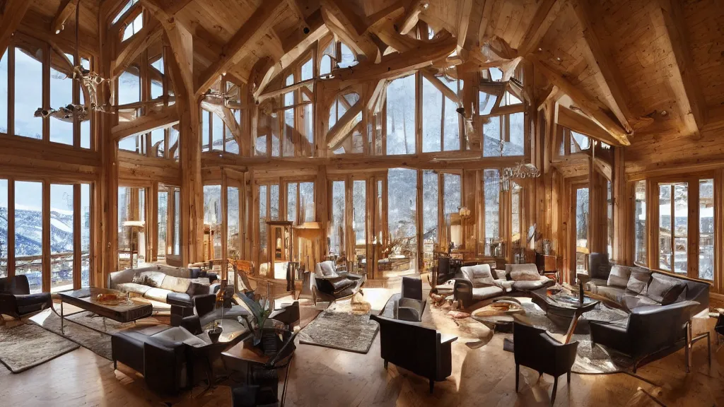 Prompt: interior view of a luxurious ski chalet, high ceilings, polished hardwood floors, sublime architecture, maximalist decor, beautiful lighting, huge windows, located in Norway